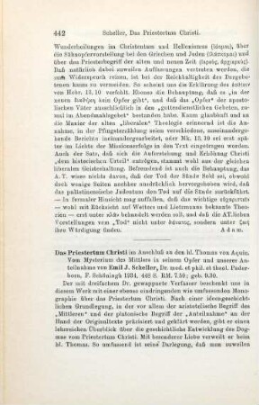 442-444 [Rezension] Scheller, Emil J., Das Priestertum Christi im Anschluß an den hl. Thomas von Aquin