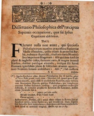 Diss. philos. de sapientis praecipua occupatione quae absolvitur sui ipsius cognitione