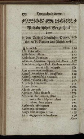 Alphabetisches Verzeichnis derer in dem Cabinet befndlichen Samen, welches auf die Numern derer Fächlein weiset.