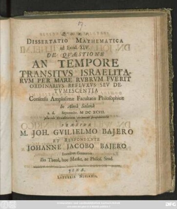 Dissertatio Mathematica ad Exod. XIV. De Quaestione An Tempore Transitus Israelitarum Per Mare Rubrum Fuerit Ordinarius Refluxus Seu Detumescentia