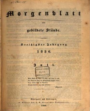 Morgenblatt für gebildete Stände. 30,2, 30,2. 1836