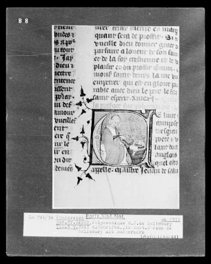 Polycratique des Jean de Salisbury: Fol. 5 v: Initiale C mit Jean de Salisbury mit Bücherkorb
