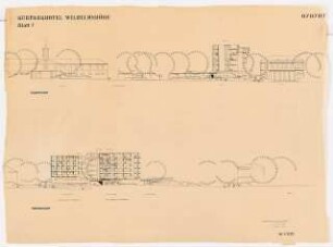 Kurparkhotel Wilhelmshöhe, Kassel: Schnitte, Südansicht, Westansicht 1:200