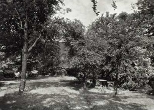 Parkanlage der F. Ernst Sohr - Süßmostkelterei : Parkanlage der F. Ernst Sohr - Süßmostkelterei in der Muldenaue. Ansicht mit Sitzgruppe
