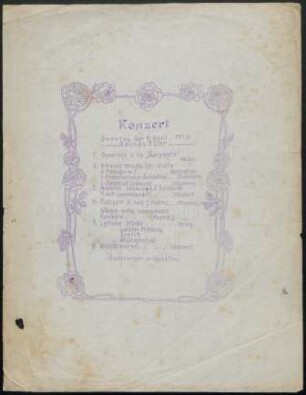 Konzert Sonntag, den 9. April 1916. Abends 7 Uhr