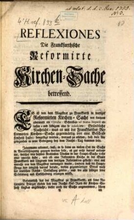 Reflexiones. Die Franckfurthische Reformirte Kirchen-Sache betreffend
