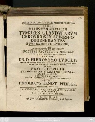 Dissertatio Inavgvralis Medico-Practica Docens Methodvm Specialem Tvmores Glandvlarvm Chronicos In Scirrhos Degenerantes E Fvndamento Cvrandi