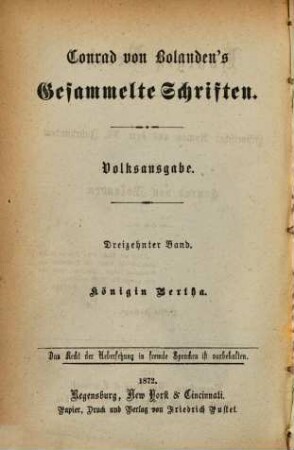 Conrad von Bolanden's Gesammelte Schriften. 13, Königin Bertha : historischer Roman aus dem XI. Jahrhundert