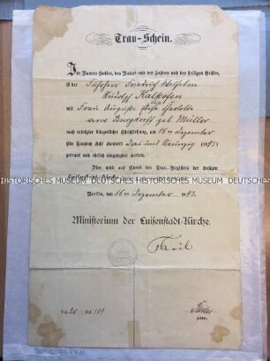 Trauschein der Luisenstadt-Kirche Berlin für den Fuhrherrn Friedrich Wilhelm Kalkofen und die Witwe Auguste Luise Burgdorff