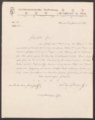 Felix Dahn (1834 - 1912) Nachlass: Brief der Deutsch-Akademischen Verbindung Ost-Schlesier Wien an Felix Dahn - BSB Ana 580 Deutsch-Akademische Verbindung Ost-Schlesier Wien