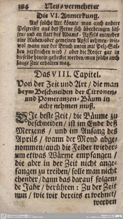 Das VIII. Capitel. Von der Zeit und Art/die man beym Beschneiden der Citronen- und Pomeranzen-Bäum in acht nehmen muß.