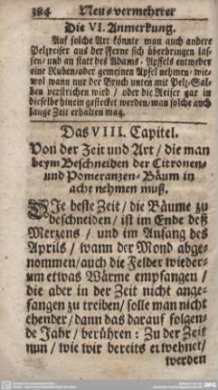 Das VIII. Capitel. Von der Zeit und Art/die man beym Beschneiden der Citronen- und Pomeranzen-Bäum in acht nehmen muß.