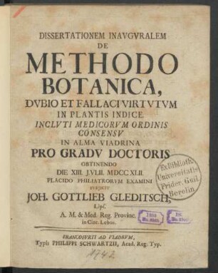 Dissertationem Inavgvralem De Methodo Botanica, Dvbio Et Fallaci Virtvtvm In Plantis Indice