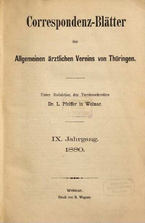 Korrespondenz-Blätter des Allgemeinen Ärztlichen Vereins von Thüringen. 9. 1880