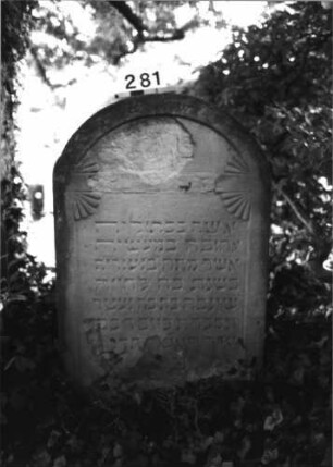 Grabstein 281 (Index: 100085102) Zustand: teilweise zerstört Maße HxBxT: 120x82x13 cm Beschreibung: Stele, Segmentbogenabschluß, Schriftfeld eingetieft: Grabstein 281