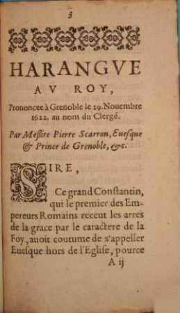 Harangue au roy : Prononcée à Grenoble le 29. Novembre 1622 au nom du clergé