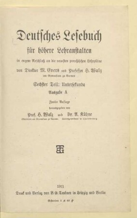 Teil 6 = Untersekunda, [Schülerband]: [Teil 6 = Untersekunda, [Schülerband]] : in engem Anschluß an die neuesten preußischen Lehrpläne