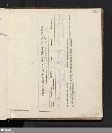 Formular zur "Fremden-Anmeldung aus Hotel Bellevue" vom 13.06.1910