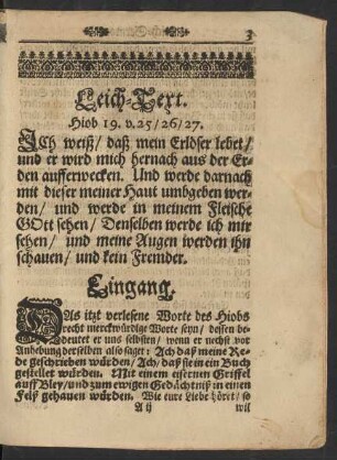 Leich-Text. Hiob 19. v. 25/ 26/ 27.