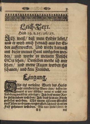 Leich-Text. Hiob 19. v. 25/ 26/ 27.