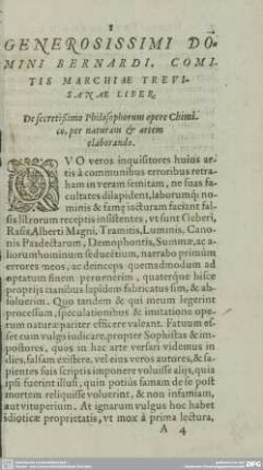 GENEROSISSIMI DOMINI BERNARDI, COMITIS MARCHIAE TREVISANAE LIBER.
