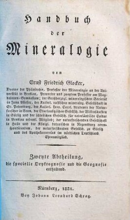 Handbuch der Mineralogie : in 2 Abtheilungen ; mit 4 Kupfertafeln, 2. Spezielle Oryktognosie und die Geognosie