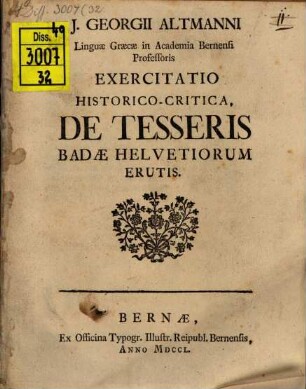 Exercitatio historico-critica de tesseris Badae Helvetiorum erutis