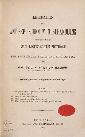 Leitfaden zur antiseptischen Wundbehandlung : insbesondere zur Lister'schen Methode : für praktische Ärzte und Studirende