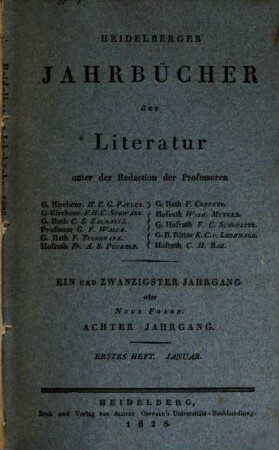 Heidelberger Jahrbücher der Literatur. 21,1, 21,[1] = H. 1/6 = N.F. 8. 1828