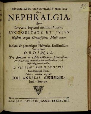 Dissertatio Inauguralis Medica De Nephralgia