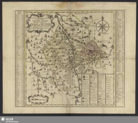 Accurate Geographische Delineation derer zu dem Leipziger Creisse Gehörigen Aemmter Grimma und Mutzschen nebst andern angrentzenden Aem[m]tern und Gegenden