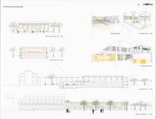 Bürger- und Kulturzentrum »Spandauer Eck«, Berlin-Spandau Schinkelwettbewerb 2001: Schnitte, Ansichten 1:200, perspektivische Ansichten