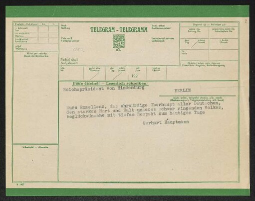 Brief von Gerhart Hauptmann an Paul von Hindenburg