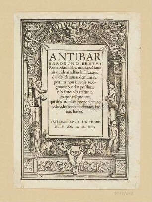 Titeleinfassung mit Putti, Titelblatt aus: Desiderius Erasmus, "Antibarbarorum D. Erasmi", Basel 1520