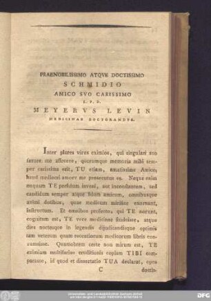 Praenobilissimo Atque Doctissimo Schmidio Amico Suo Carissimo S. P. D. Meyerus Levin Medicinae Doctorandus.