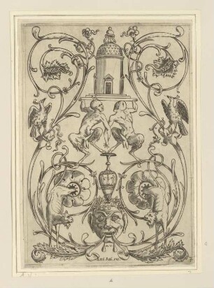 Rankenornament mit Löwen, Maske und Satyrn