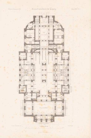 Neues Gewandhaus, Leipzig: Grundriss EG (aus: Atlas zur Zeitschrift für Bauwesen, hrsg. v. L.v.Tiedemann, Jg. 36, 1886)