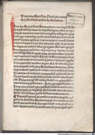 Tractatus Clarissimi Philosophi et medici Matheoli p[er]usini de Memoria