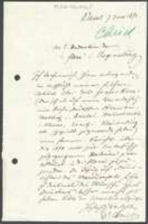 Brief von Hermann Christ an Regensburgische Botanische Gesellschaft