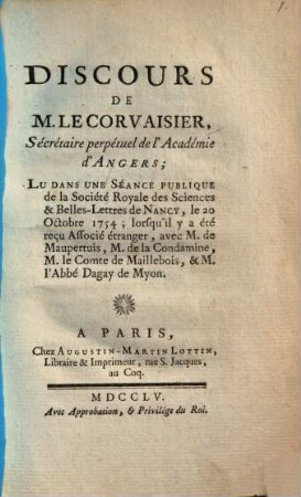 Discours de M. LeCorvaisier, sécrétaire perpétuel de l'académie d'Angers : lu dans une séance publique de la Société Royale des Sciences et Belles-Lettres de Nancy