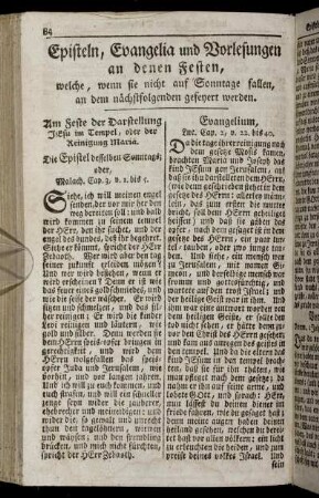 Epistel, Evangelia und Vorlesungen an denen Festen, welche, wenn sie nicht auf Sonntage fallen, an dem nächstfolgenden gefeyert werden.