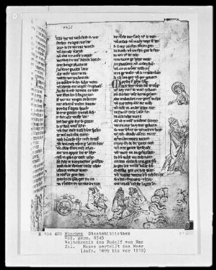 Rudolf von Ems, Weltchronik — Buchseite mit zwei Zeichnungen am Rand