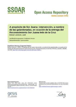 A propósito de Sor Juana: intervención, a nombre de las galardonadas, en ocasión de la entrega del Reconocimiento Sor Juana Inés de la Cruz