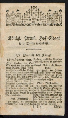 Königl. Preuß. Hof-Staat so in Berlin wohnhaft
