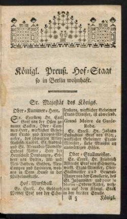 Königl. Preuß. Hof-Staat so in Berlin wohnhaft