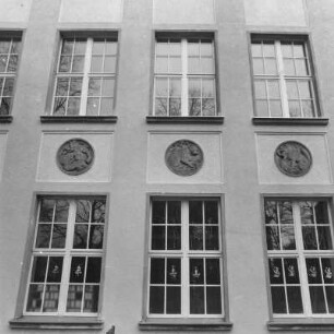 Dresden-Laubegast, Linzer Straße 1. 64. Oberschule (um 1905). Fensterfront mit Tiermedaillons