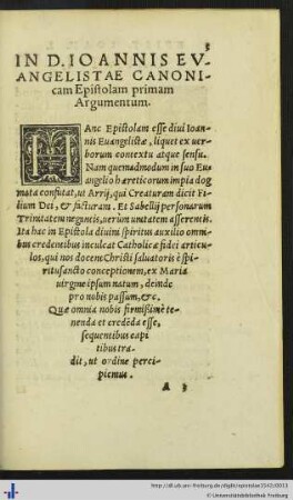 In D. Ioannis Evangelistae Canonicam Epistolam primam Argumentum.