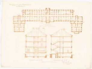 Königliches Pädagogium und Waisenhaus, Züllichau: Grundriss Keller, Schnitt JK, Schnitt EF