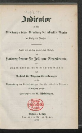 Indicator zu den Verordnungen wegen Verwaltung der indirekten Abgaben im Königreich Preußen