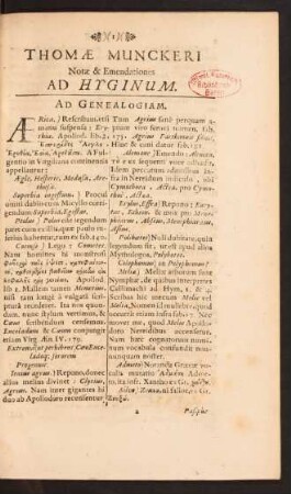 Thomae Munckeri Notae & Emendationes Ad Hyginum. Ad Genealogiam.